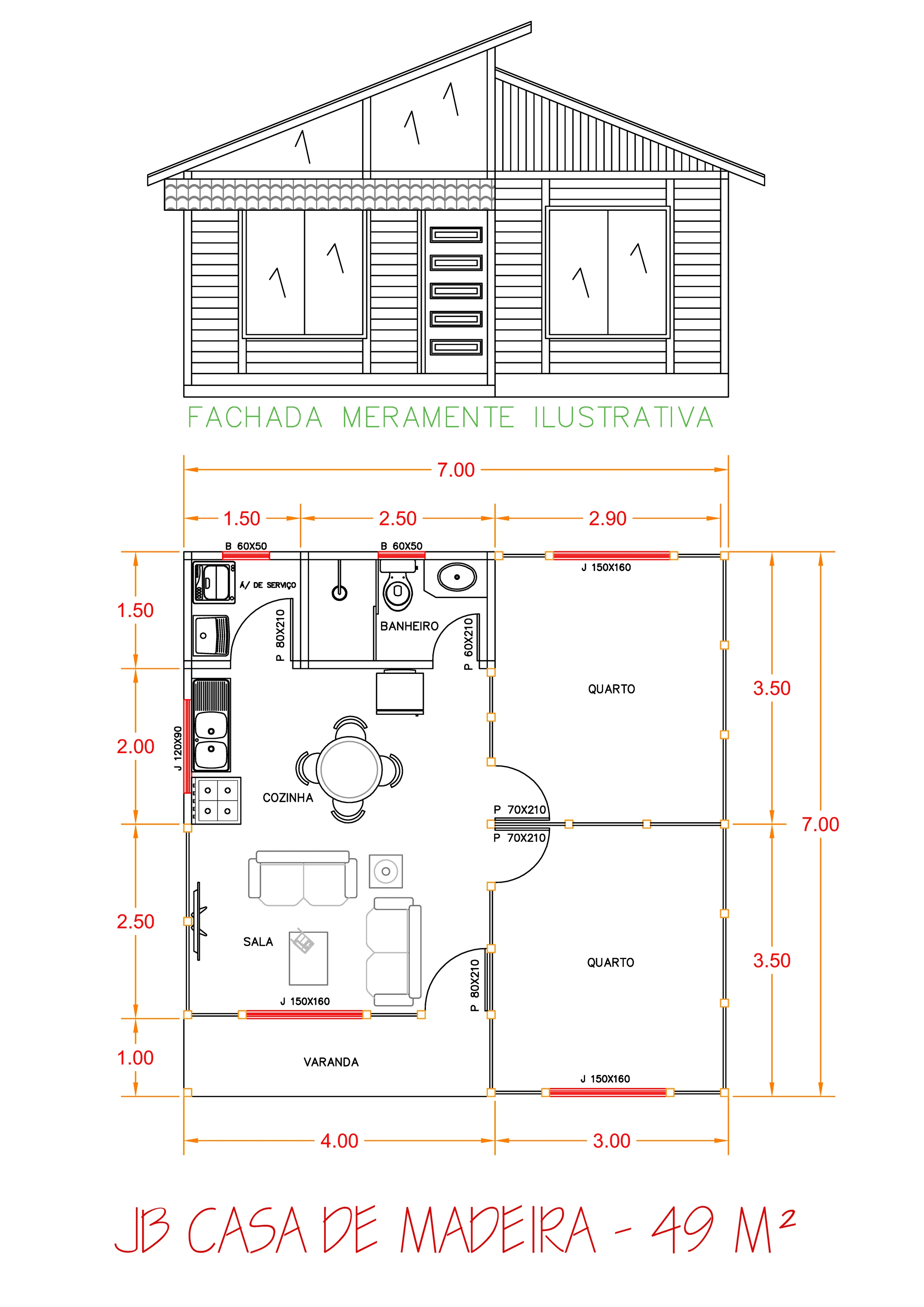 Planta da Casa Térrea Contemporânea 49m²