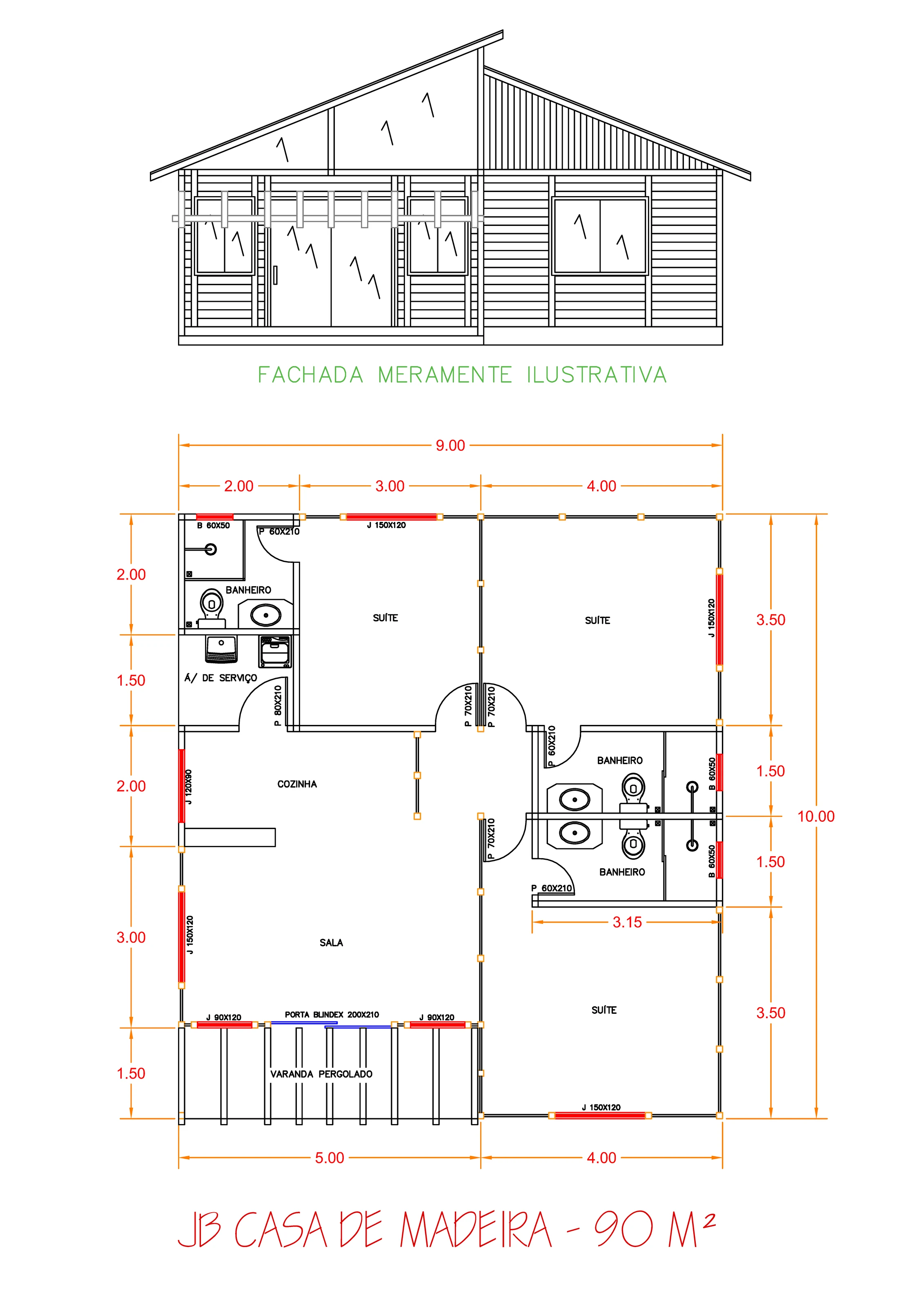 Planta da Casa Térrea 90,00m² com 3 suítes