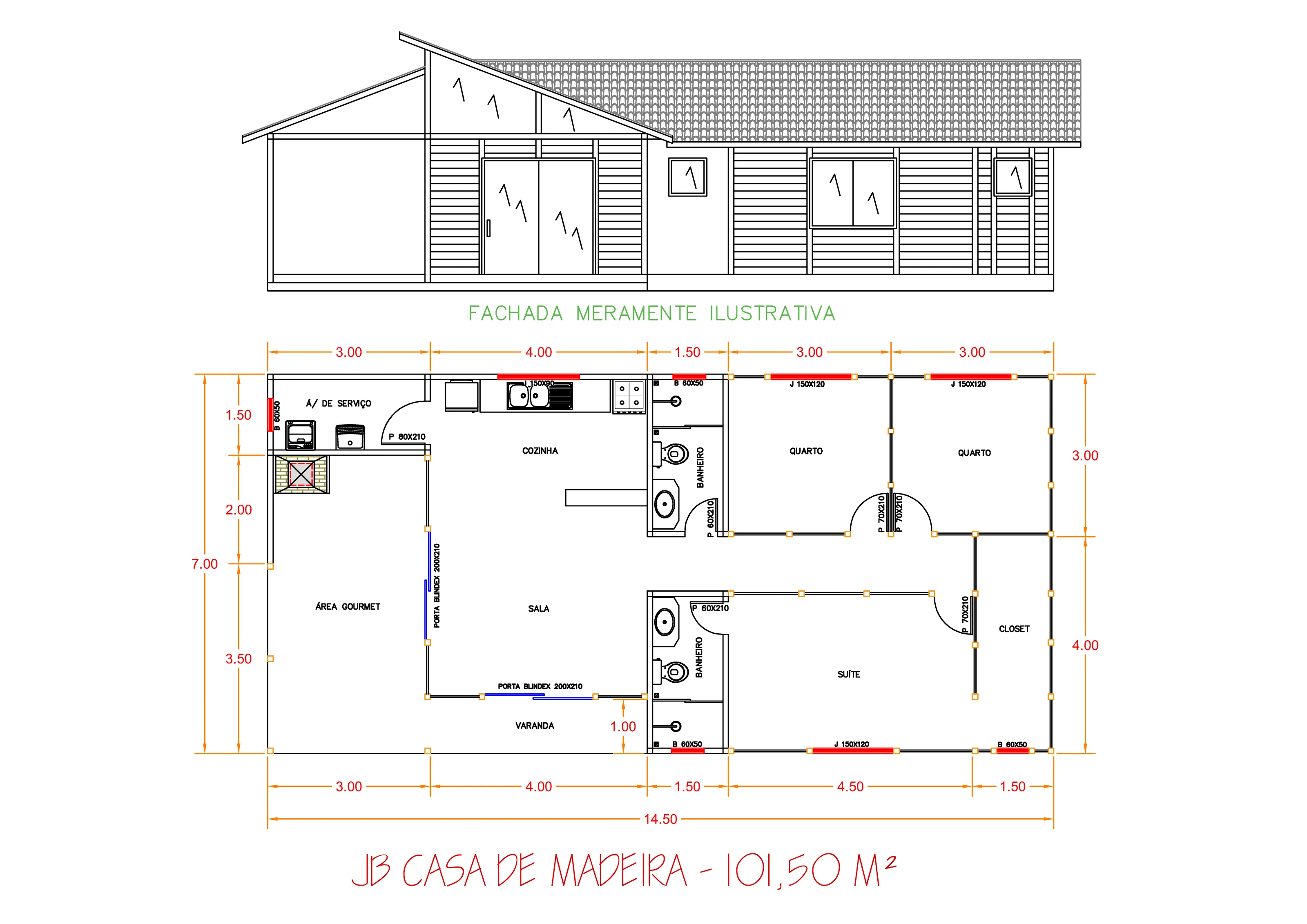 Planta da Casa 101,50m² com Área Gourmet 1 suíte e 2 quartos