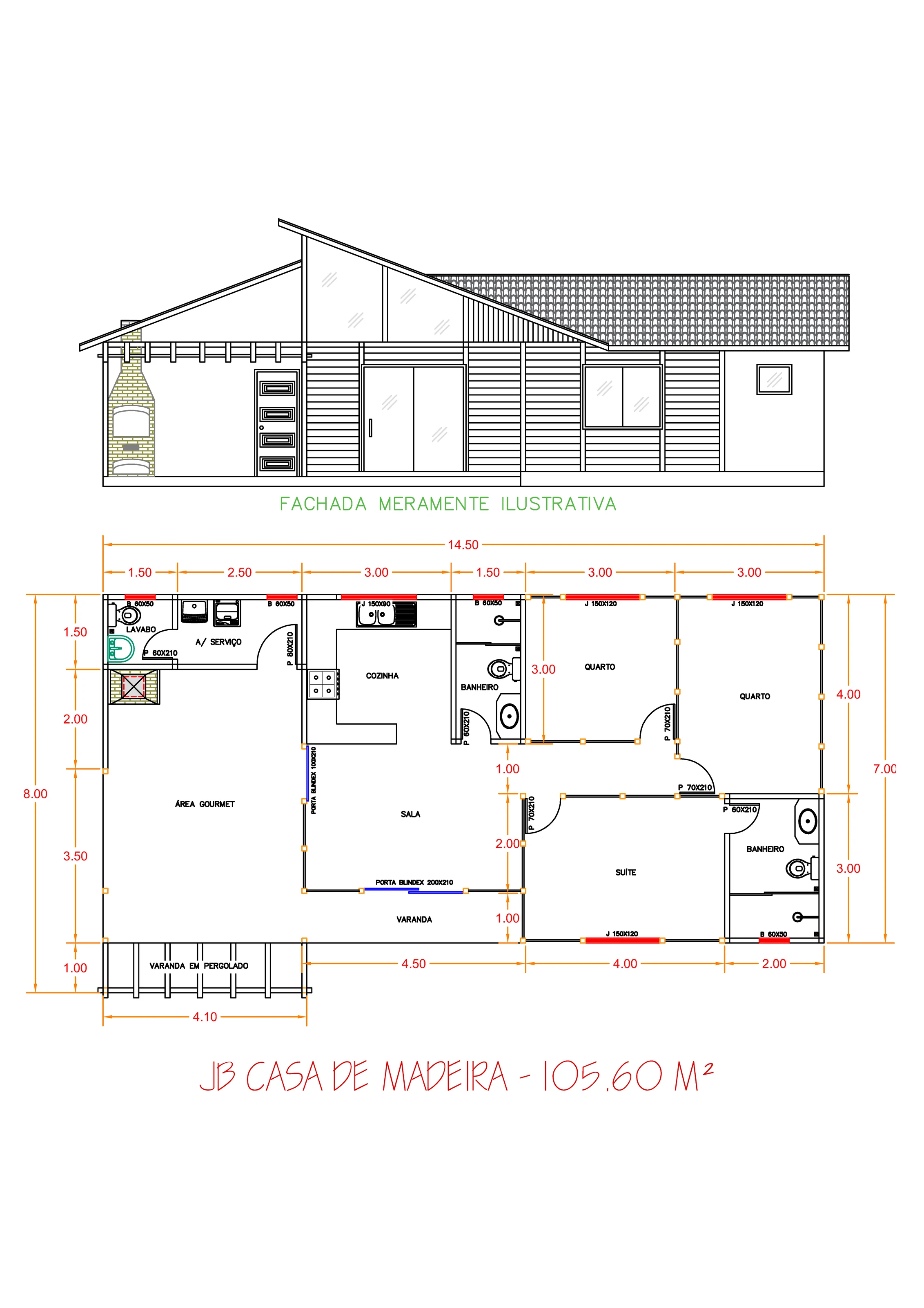 Planta da Casa 105,60m² com 1 suíte e 2 quartos