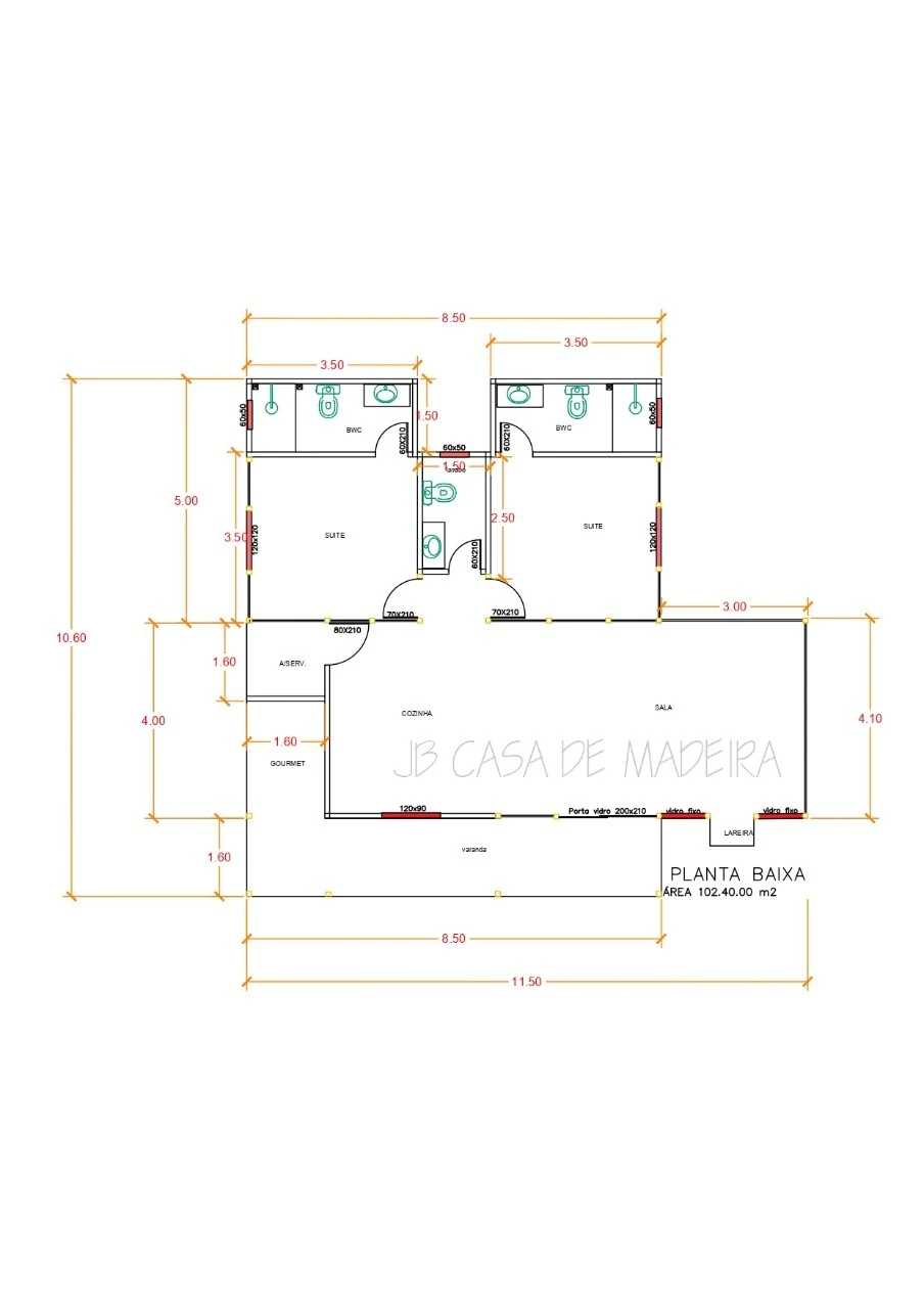 Planta da Casa 102,40m² com 2 suítes