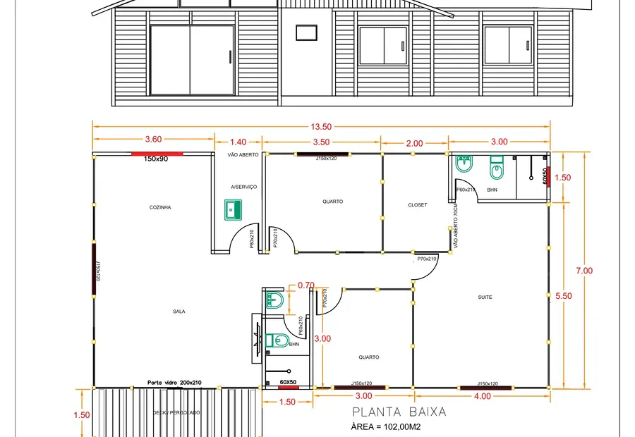 Planta: Casa 102,00m² com 1 suíte e 2 quartos