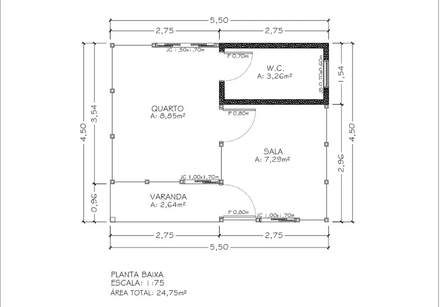 Planta: Chalé 24,75m² com Suíte, Sala e Varanda