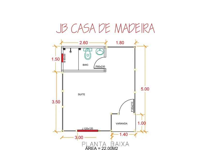 Planta: Chalé 22,00m² com Suíte e Varanda