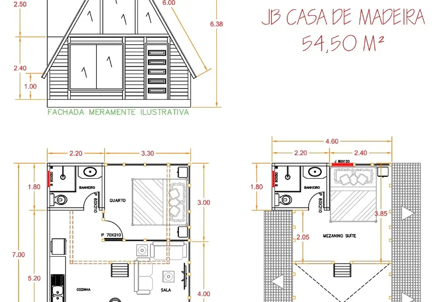 Planta: Chalé A-Frame 54,50m² com 1 Suíte e 1 Quarto