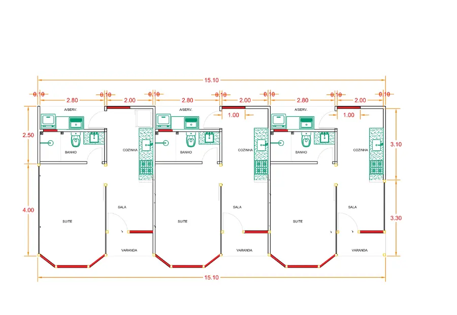 Planta: Chalé Conjugado Triplo 105m² com 3 Suítes