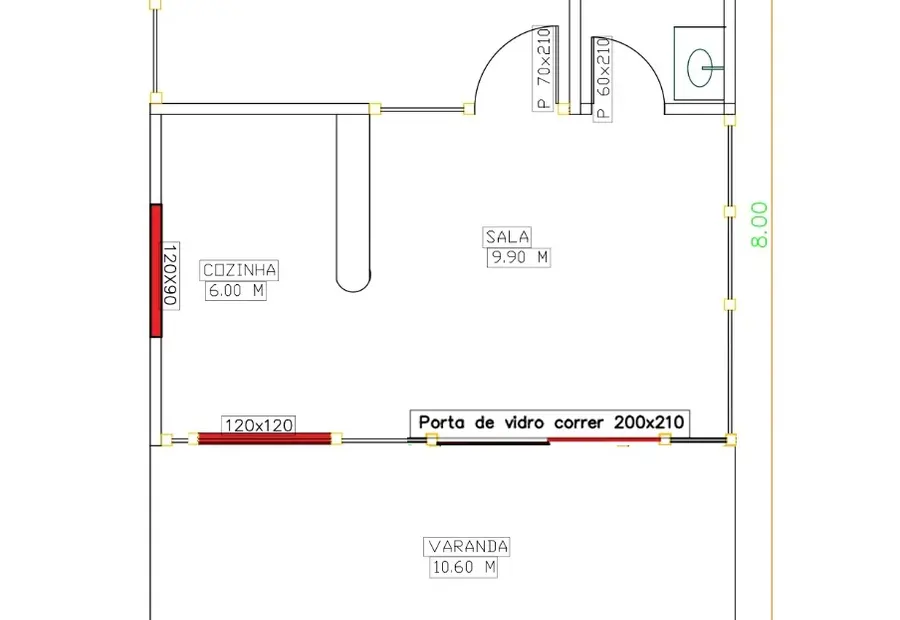 Planta: Chalé  42,40m² com 1 Quarto e Varanda
