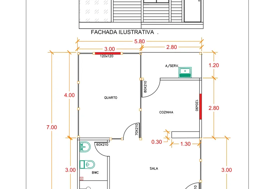 Planta: Chalé 44,28m² com 1 Quarto e Área de Serviço