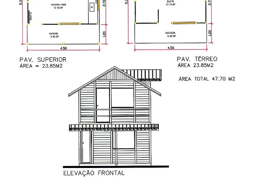 Planta: Chalé Duplex 47,70m² com 1 Suíte, Varanda e Sacada