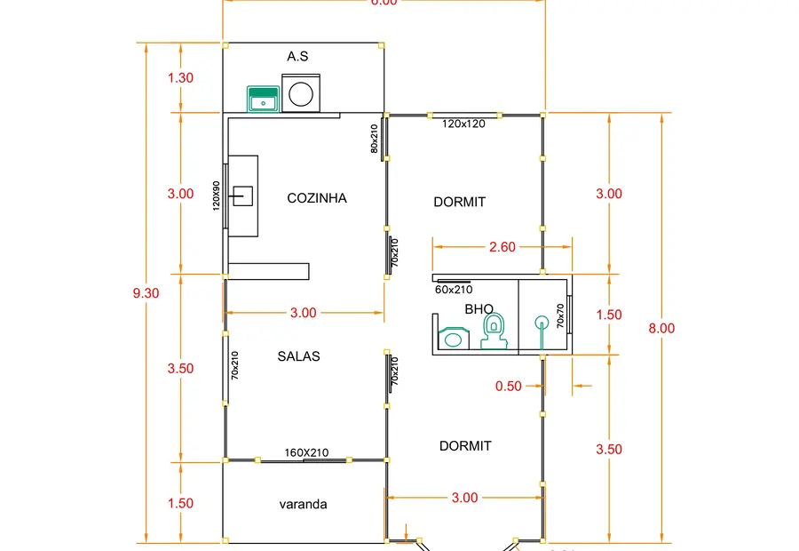 Planta: Casa Térrea 53,80m² com 2 Dormitórios