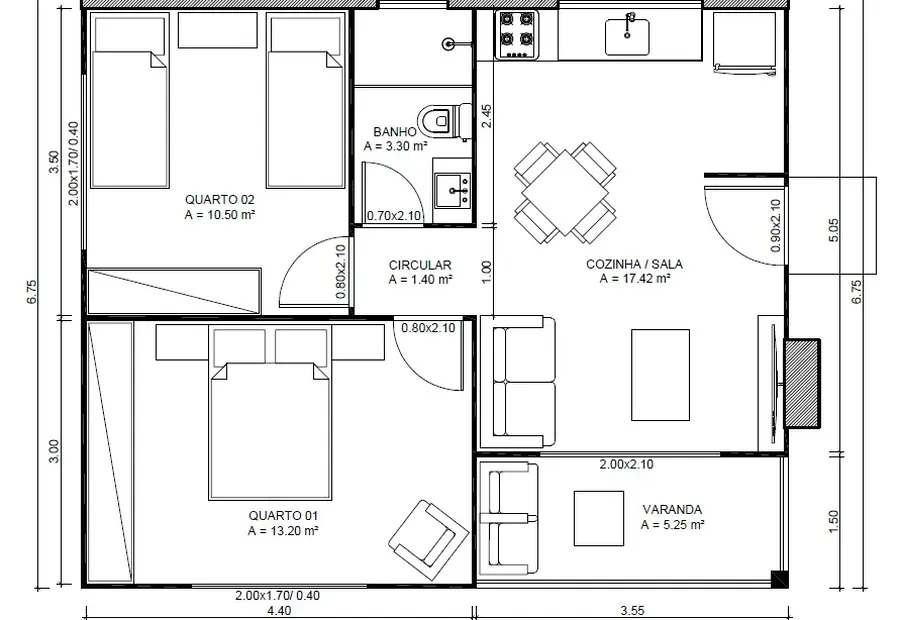 Planta: Casa Térrea 54,33m² com 2 Quartos