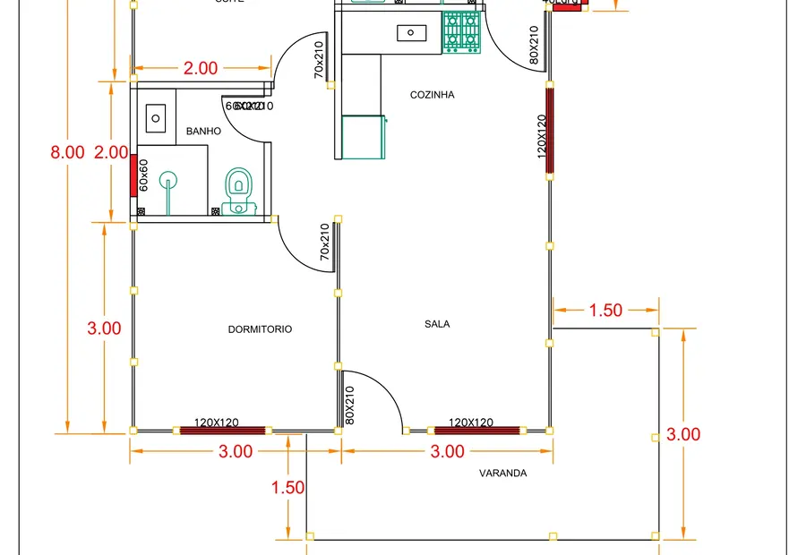 Planta: Casa Térrea 58,75m² com 1 Suíte e 1 Dormitório
