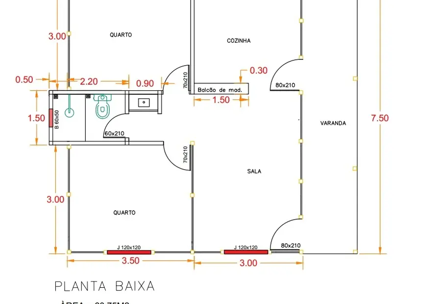 Planta: Casa Térrea 60,75m² com 2 Quartos e Varanda