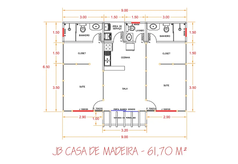 Planta: Casa 61,70m² com 2 Suítes e Pergolado