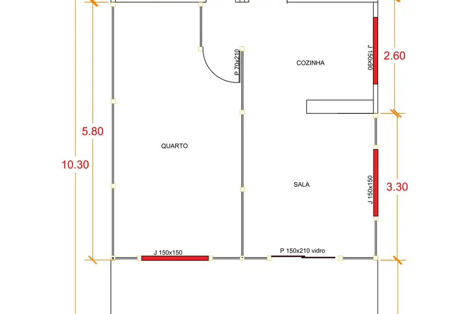 Planta: Casa Térrea 61,80m² com 1 Quarto e Varanda Ampla