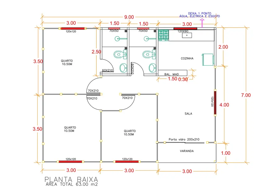 Planta: Casa Térrea 63,00m² com 2 Quartos e 1 Suíte