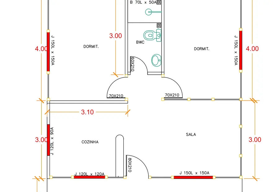 Planta: Casa Térrea 63,75m² com 2 Quartos e Varanda