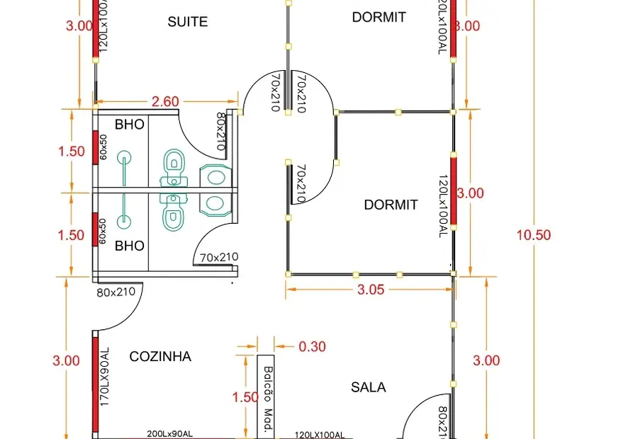 Planta: Casa Térrea 63,37m² com 2 Quartos e 1 Suíte