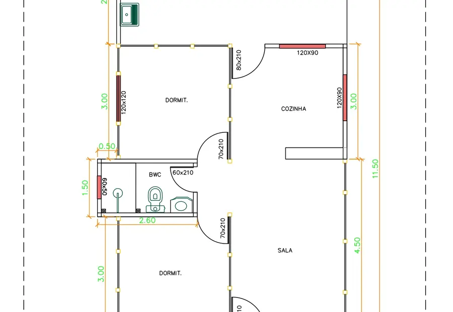 Planta: Casa Térrea 65,25m² com 2 Quartos e 2 Varandas