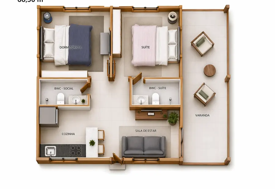 Planta: Casa Térrea 66,50m² com 1 Quarto, 1 Suíte e Ampla Varanda