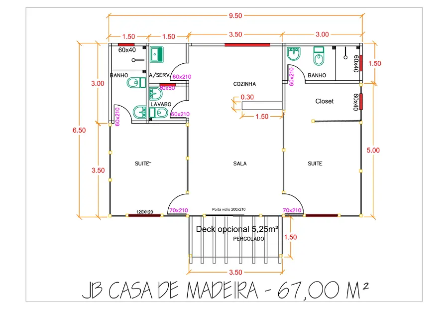 Planta: Casa Térrea 67,00m² com 2 Suítes e Pergolado