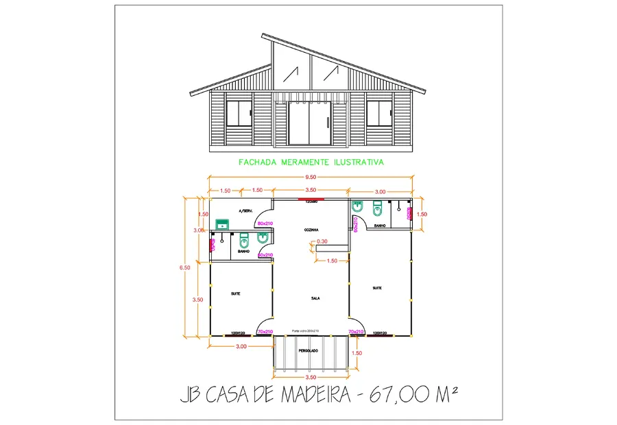 Planta: Casa Térrea 67,00m² com 1 Quarto, 1 Suíte e Pergolado