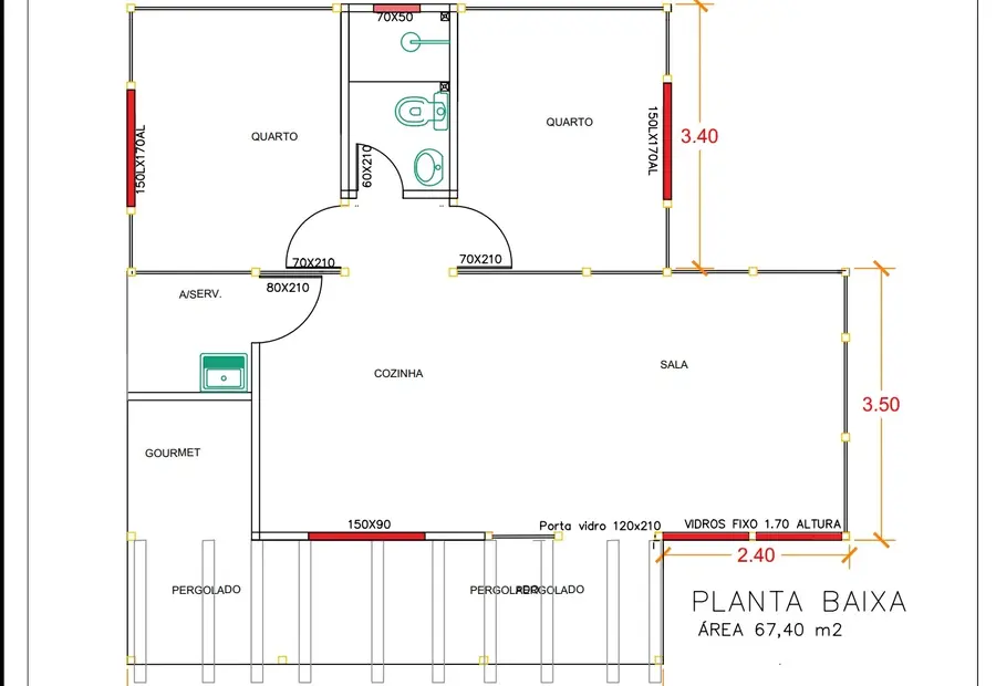 Planta: Casa Térrea 67,40m² com 2 Quartos e Área Gourmet