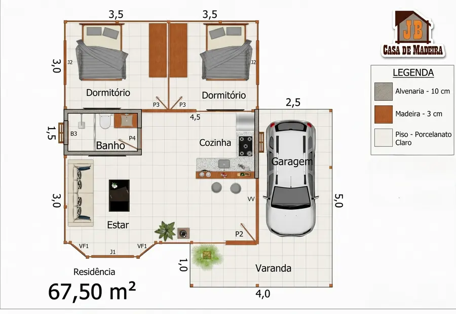 Planta: Casa Térrea 67,50m² com 2 Quartos e Garagem