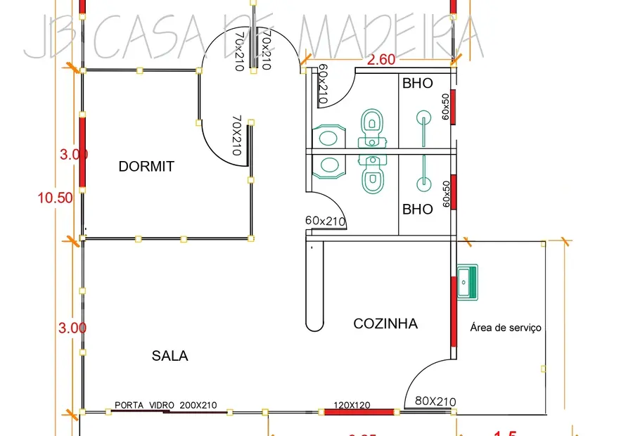Planta: Casa Térrea 67,87m² com 2 Quartos e 1 Suíte