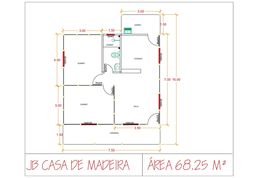Planta: Casa Térrea 68,25m² com 1 Suíte e 1 Quarto