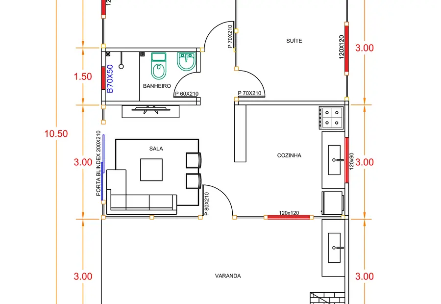 Planta: Casa Térrea 68,25m² com 1 Suíte e 1 Quarto