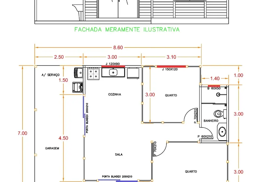 Planta: Casa Térrea 68,60m² com 2 Quartos e Garagem