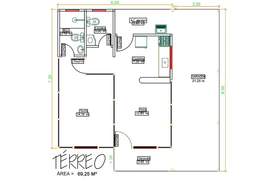 Planta: Casa Térrea 69,25m² com 1 Suíte, Lavabo e Garagem