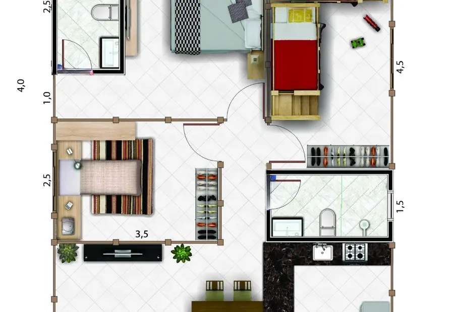 Planta: Casa Térrea 70,00m² com 1 Suíte e 2 Quartos