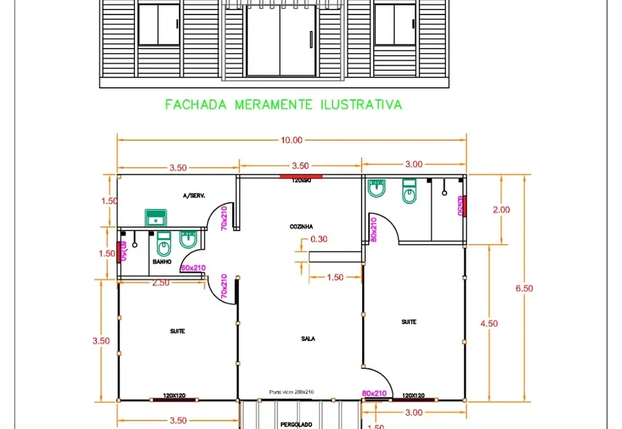 Planta: Casa Térrea 70,25m² com 1 Suíte e 1 Quarto