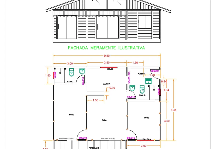 Planta: Casa Térrea 71,50m² com Suíte e Pergolado