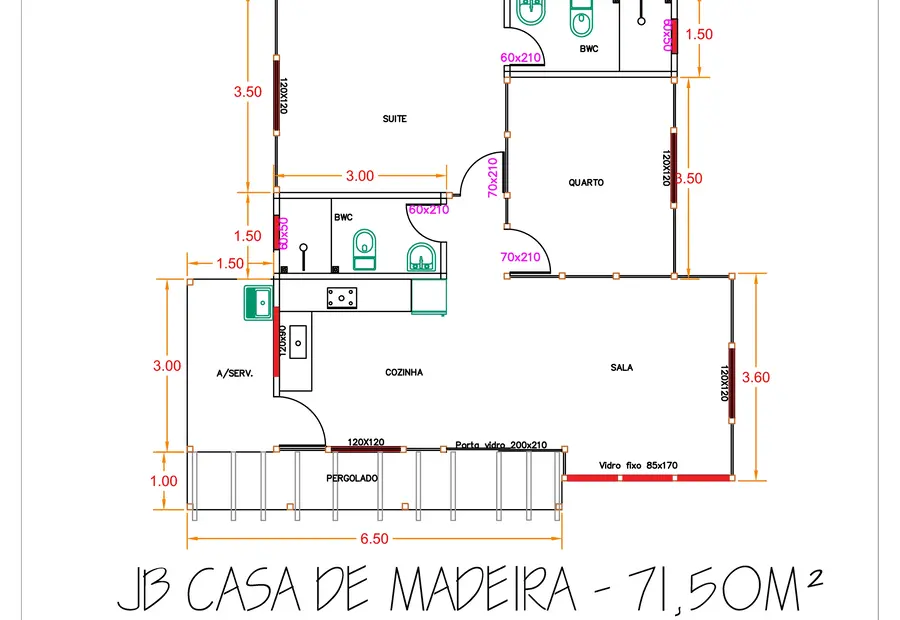 Planta: Casa Térrea Moderna com Pergolado 71,50m²