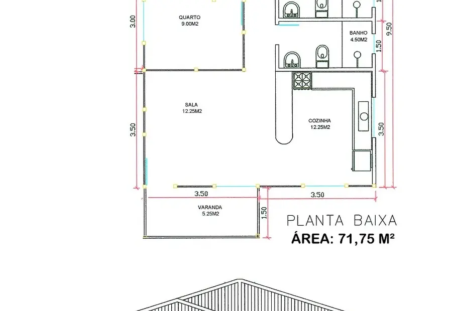 Planta: Casa Térrea 71,75m² com 1 Suíte e 2 Quartos