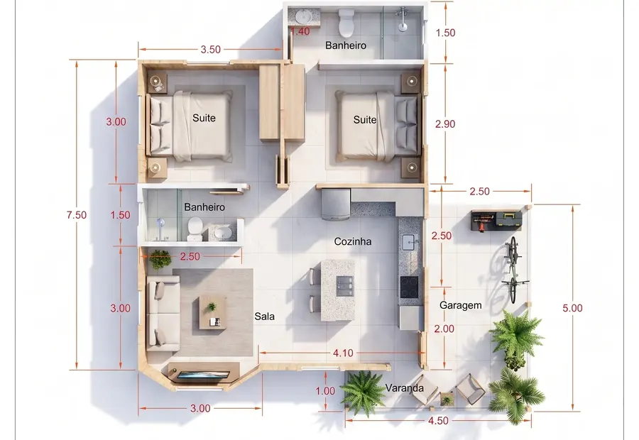 Planta: Casa 73,40m² com Suíte e Garagem