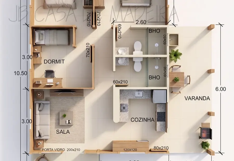 Planta: Casa 75,37m² com Suíte, Varanda e Área de Serviço