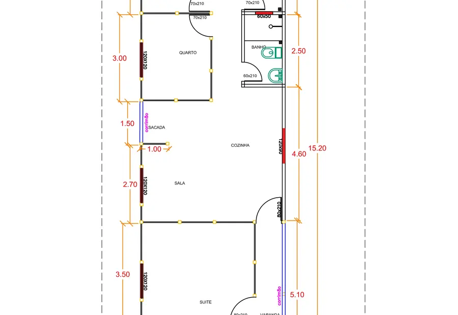 Planta: Casa 76,00m² com Suíte, Duas Sacadas e Opção em Laje
