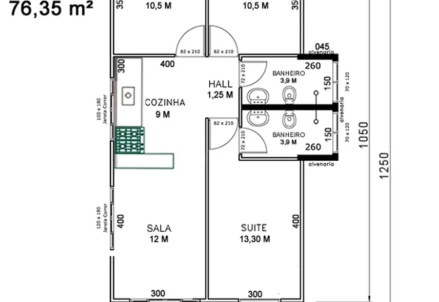 Planta: Casa Térrea 76,35m² com 1 Suíte e 2 Quartos