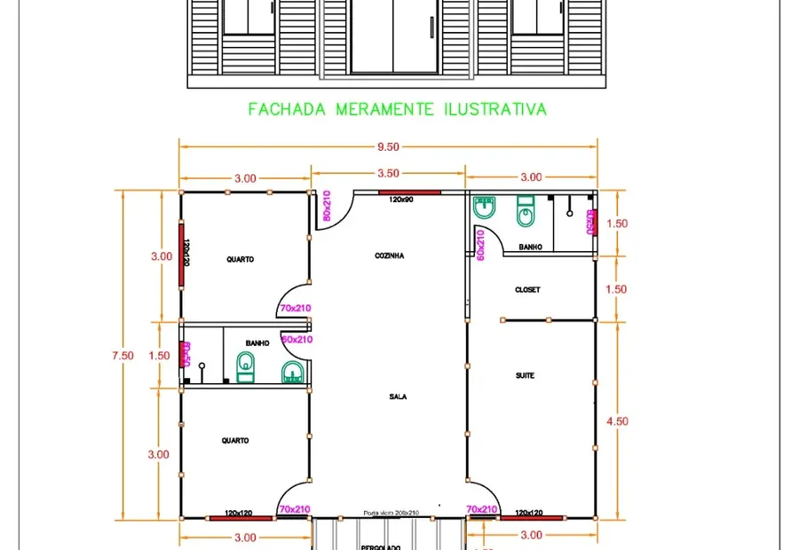 Planta: Casa Térrea 76,50m² com 1 Suíte e Pergolado