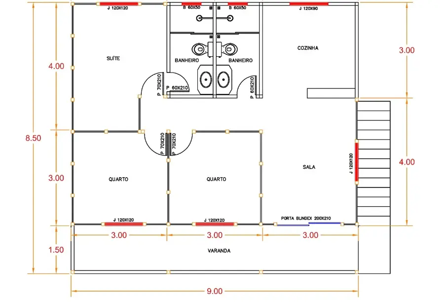 Planta: Casa Térrea 76,50m² com 1 Suíte e 2 Quartos