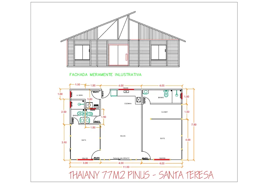 Planta: Projeto 77,00m² com 2 Suítes e Lavabo
