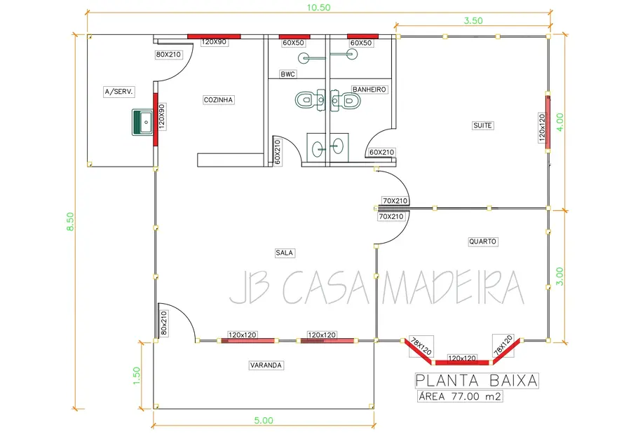 Planta: Casa Térrea 77,00m² com 1 Suíte e 1 Quarto
