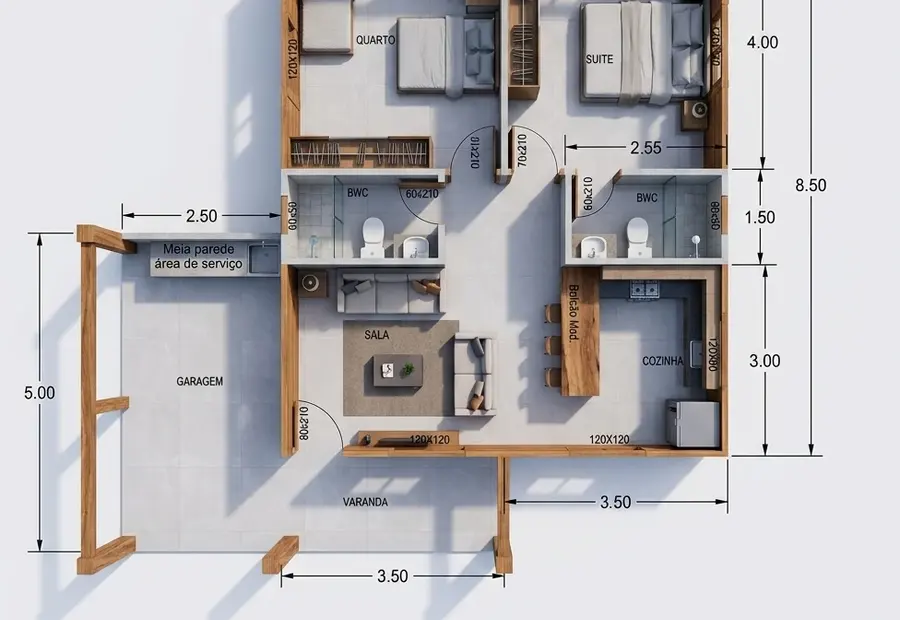 Planta: Casa 77,25m² com 1 Suíte e Garagem
