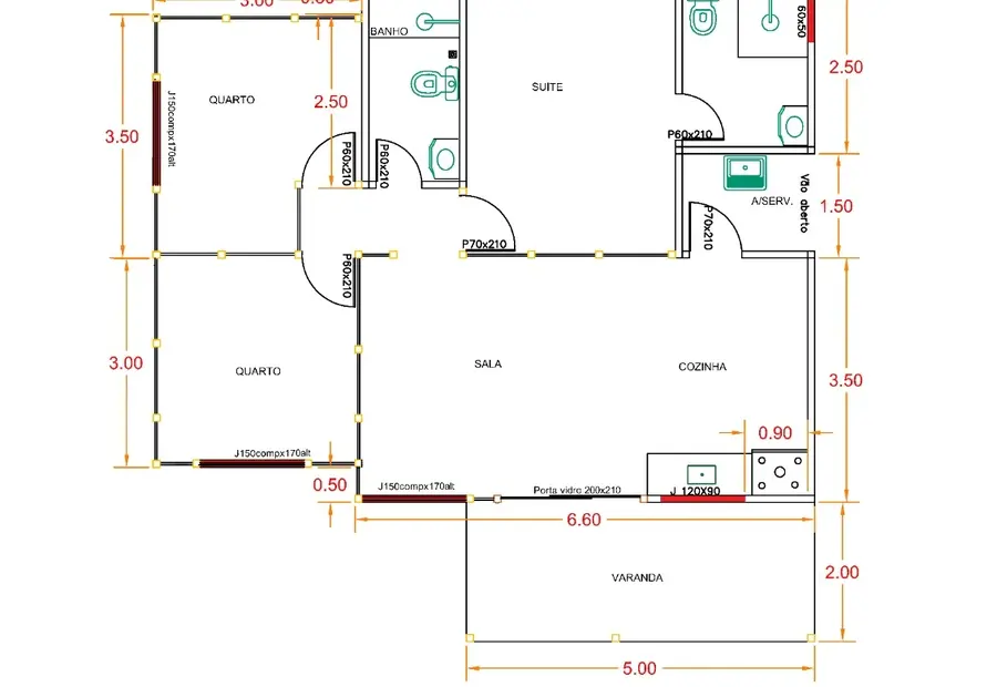Planta: Casa 78,30m² com 1 Suíte e 2 Quartos