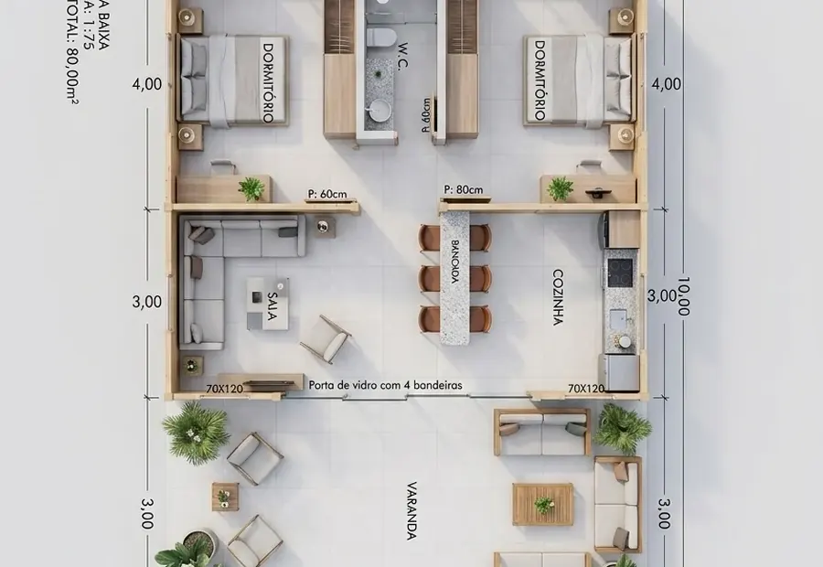 Planta: Casa 80,00m² com 2 Quartos