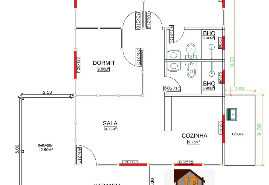 Planta: Casa 82,50m² com 1 Suíte e 2 Quartos